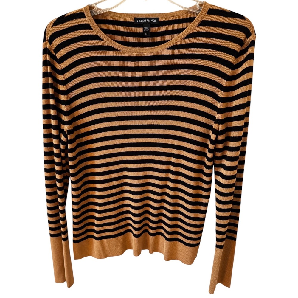 Eileen Fisher Silk Tencel Striped Crew Neck Sweater Brown Black S R18OOZ